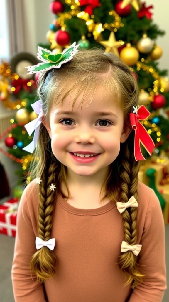 A child with creative Christmas hairstyles, including braids and festive accessories, in a holiday setting.